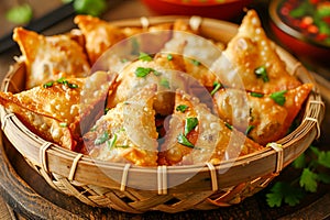 Golden Crispy Samosas in Basket with Fresh Parsley Garnish on Rustic Wooden Table Background