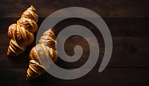 Golden Croissants on Dark Wooden Table with Copy Space