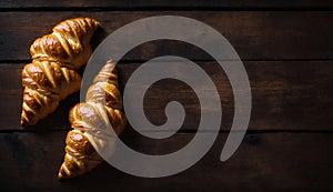 Golden Croissants on Dark Wooden Table with Copy Space