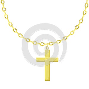 Golden cross with chain in cartoon style isolated on white background. Necklace religious jewelry, hanging accessories