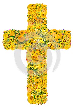 Golden cross  of Jesus in my heart save the world from disease.Handmade collage from  yellow summer flowers isolated