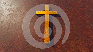 Golden cross on a rusted corroded metal or steel sheet backround. 3d illustration metaphor for God, Christ