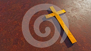 Golden cross on a rusted corroded metal or steel sheet backround. 3d illustration metaphor for God, Christ