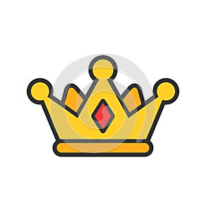 Golden crown bold line icon with red gemstone