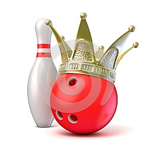 Golden crown on bowling ball and pin. 3D render