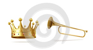 Golden crown with gems and copper fanfare isolated photo