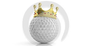 Golden crown on a golf ball - white background. 3d illustration