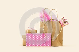 Gift or Sale concept. Shopping paper bag, Crown headband with pink tissue