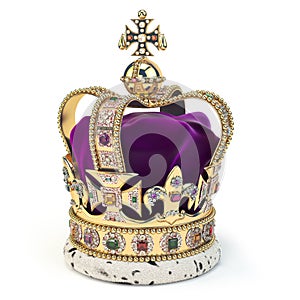 Golden crown with jewels isolated on white. English royal symbol of UK monarchy photo