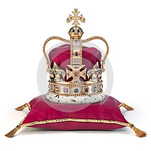 Golden crown on red velvet pillow for coronation. Royal symbol of british UK monarchy photo