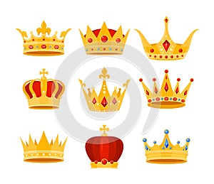 Golden crown vector illustration set, cartoon flat gold royal medieval collection of luxury monarch crowning jewel photo