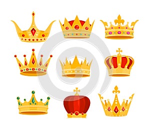 Golden crown vector illustration set, cartoon flat gold royal medieval collection of monarchy symbols, crown on head photo