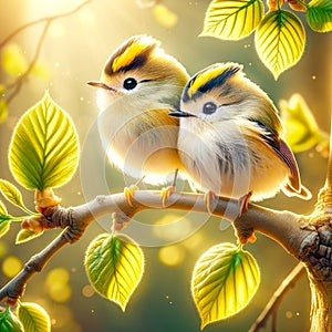 Golden-crowned Kinglets Tree Branch Perched Springtime Morning Sunrise Small Birds AI Generated