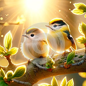 Golden-crowned Kinglets Tree Branch Perched Springtime Morning Sunrise Small Birds AI Generated