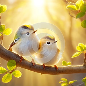 Golden-crowned Kinglets Tree Branch Perched Springtime Morning Sunrise Small Birds AI Generated