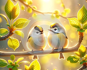 Golden-crowned Kinglets Tree Branch Perched Springtime Morning Sunrise Small Birds AI Generated