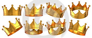 Golden crowns in different positions. Crowns for queen or king. 3D rendered image set.