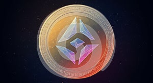 Golden Cryptocurrency Coin with Abstract Geometric Symbol and Binary Code