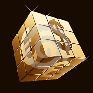 Golden cube with currency signs
