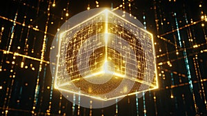 Golden cube data processing, digital network background, tech concept