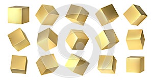 Golden cubes. Realistic 3D blocks of yellow metal from different isometric angles, golden square shapes design. Vector