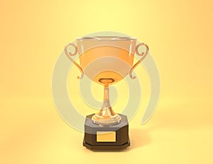 Golden cup, award trophy or winner prize on wooden pedestal with empty plate, front view. Shiny metal goblet with gold