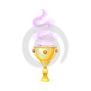 Golden Cup with Bubbles of Purple Potion as Magical Object and Witchcraft Item Vector Illustration