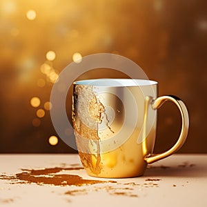 Golden Cup Of Coffee With Splash Of Gold Dust On White Background photo