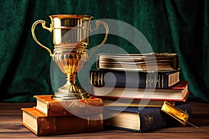 golden cup placed on a stack of books, symbolizing academic success