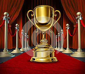 Golden Cup On a red Carpet with velvet Curtains