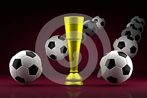 Golden cup and soccer balls on a dark red background. Football championship, participant cup, winner concept. Place for text