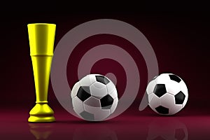 Golden cup and soccer balls on a dark red background. Football championship, participant cup, winner concept. Place for text