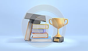 Golden cup with stack books and square academic cap. Graduation from high school, college or university with honors or