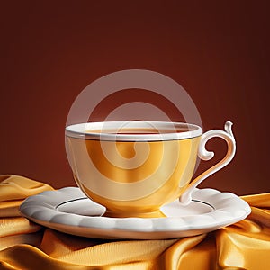 Golden cup of tea on saucer with silky drape on brown background