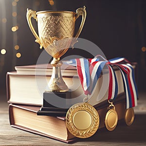 Golden Cup Trophy and Medal on a Stack of Books. ai generative