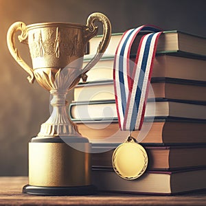 Golden Cup Trophy and Medal on a Stack of Books. ai generative