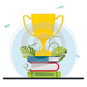 Golden cup, trophy on a stack of books. Achievement in education, study award, distance learning, business goal, idea