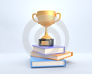 Golden cup, trophy or winner prize stand on stack books. Achievement in education, study award, successful student