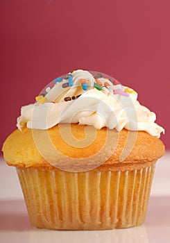 Golden cupcake with buttercream and sprinkles photo