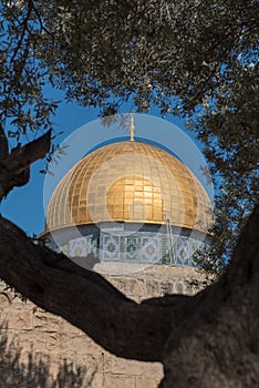 The golden cupola of the Dome of the Rock on Temple Mount. Jerusalem, Palestine, Israel