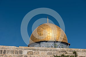 The golden cupola of the Dome of the Rock on Temple Mount. Jerusalem, Palestine, Israel