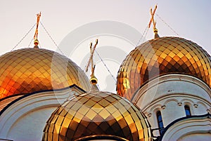 Golden cupolas of Assumption Church in Yaroslavl, Russia.