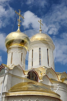 Golden Cupolas with Crosses of Ancient Churches in Lavra
