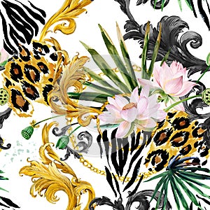 Golden curl and tropical background seamless pattern. leopard fashion skin. Lotus Flower