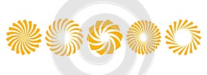 Golden curled sunburst circles collection. Stylized radial spinning elements. Yellow geometric round twisted rays, beams