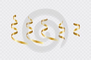 Golden curly ribbon serpentine confetti. Golden streamers set on transparent background. Colorful design decoration