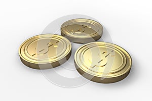 golden currency coins with white background, 3d rendering