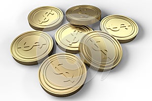 golden currency coins with white background, 3d rendering