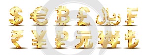 Golden currency sign set. euro, dollar, bitcoin, rial, frank, pound, yen, yuan, rupee, lira, won and rouble