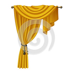 Golden curtains with drapery, 3D silk fabric drapes hang on cornice